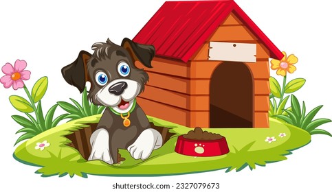 Playful Dog with Dog House illustration