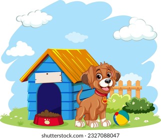 Playful Dog with Dog House illustration