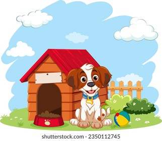 Playful Dog with Dog House illustration