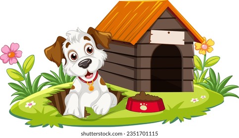 Playful Dog with Dog House illustration