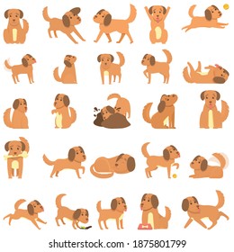 Playful dog icons set. Cartoon set of playful dog vector icons for web design