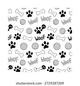 Playful dog pattern featuring paw prints bones balls and woof text