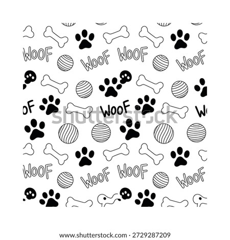 Playful dog pattern featuring paw prints bones balls and woof text