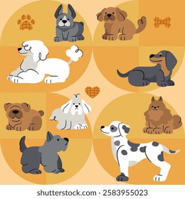 Playful dog pattern with a geometric layout and warm tones. Features various cute breeds in a seamless design. Perfect for fabric, wrapping paper, digital backgrounds, and other creative projects.