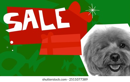 Cachorro brincalhão com banner de VENDA vermelho adornado com uma caixa de presente e estrelas de Natal festivas contra fundo verde. Compras de Natal. Ilustração vetorial. Conceito de compras, Black Friday, vendas. Faixa