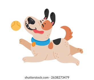 Playful dog running and catching a ball, enjoying a fun activity, happy pet with tongue out and ears flapping, isolated on white background