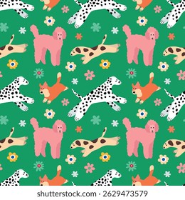Playful Dog Padrão Perfeito com Elementos Florais Vetor. Dálmatas e poodles com elementos florais brilhantes em um fundo verde.