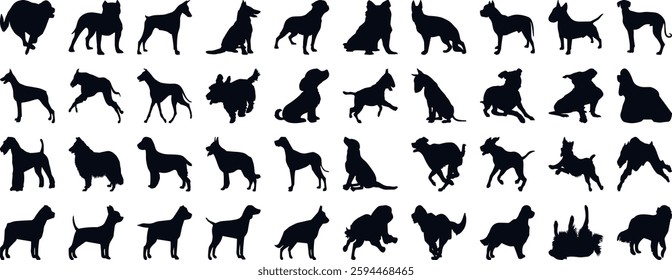 Playful dog silhouettes in various poses, perfect for animal lovers