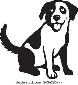 Playful dog sitting black and white silhouette, Cheerful pet dog black silhouette pose