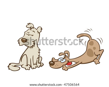 A playful dog wagging his tail and trying to entice a friend to play
