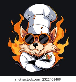 A playful dog wearing dark sunglasses and a chef's uniform