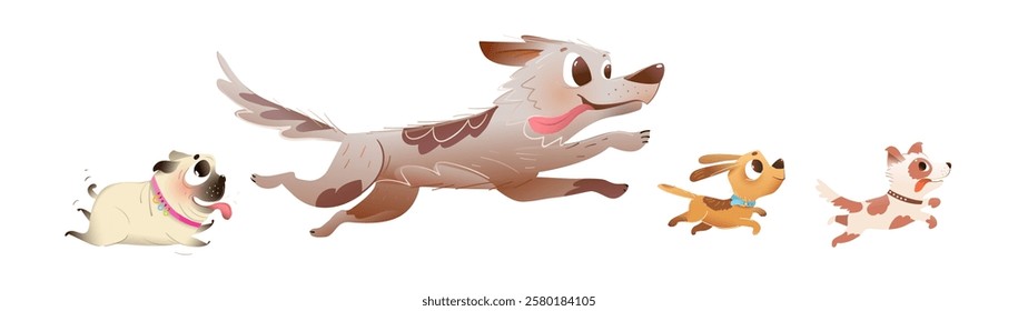 Playful dogs and puppies running jumping and playing. Collection of different colorful dogs running happily together. Vector colorful character clip art collection for children.