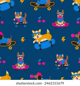 Playful dogs riding skateboard seamless pattern. Vibrant doggy background with funny cartoon puppies skateboarders. Modern 90s sport pet print. Repeat vector illustration