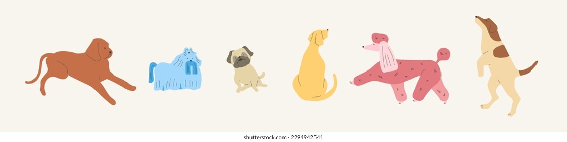 Playful dogs set flat vector illustration. Friendly puppies of different breeds isolated on background. Collection of funny family pets, cute cheerful animals and joyful dogs. group of happy dogs.