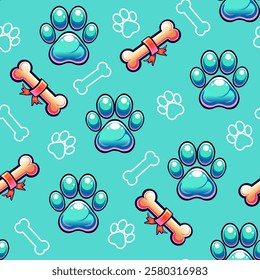 Playful Dog-Themed Design with Paw Prints and Treats. Bright Paw Print and Bone Pattern on Turquoise Background. Cute Animal Paws and Bones Illustration