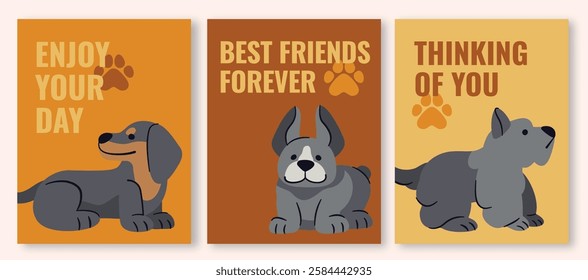 Playful dog-themed greeting card template with cozy shades of orange, yellow, and brown, capturing the charm of our four-legged friends. Includes Dachshund, Schnauzer, and Bulldog illustrations.