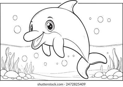 Playful dolphin coloring book illustration, featuring a charming dolphin leaping from the ocean. Perfect for kids and adults, this intricate design offers hours of creative fun