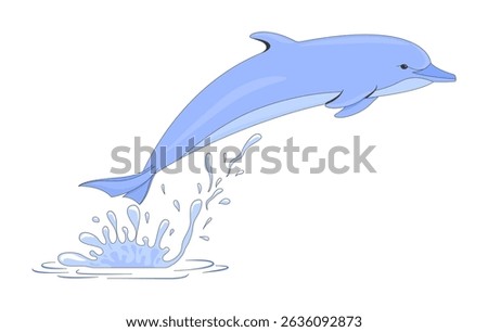 Playful dolphin jumping from water splash 2D cartoon character. Sea animal leaping joyfully out of ocean. Marine wildlife flat vector creature isolated on white. Spot illustration colorful