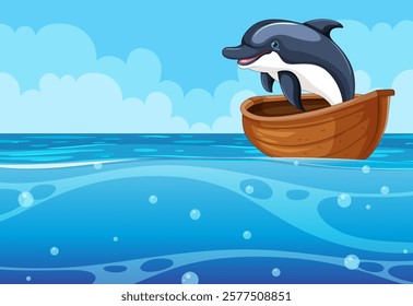 A playful dolphin jumps from a wooden boat