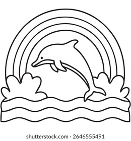 A playful dolphin leaps through stylized waves and a rainbow arc. This simple, clean line art illustration is perfect for children's books, educational materials, or designs celebrating marine life an