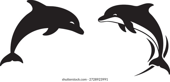 Conjunto de Vector de siluetas de delfines juguetones para animales marinos, oceanografía y entretenimiento acuático