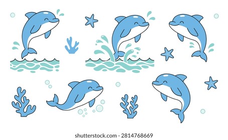 Playful dolphins jumping in ocean water surrounded by starfish and coral on a light blue background.