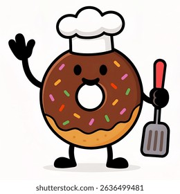 Playful donut character with chocolate glaze, colorful sprinkles, chef hat, and spatula. Great for cooking, dessert, or kids menu themes.
