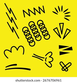 Playful doodle background featuring abstract hand drawn shapes and lines on yellow backdrop. Perfect for creative design, wallpaper, stationery, and modern patterns.