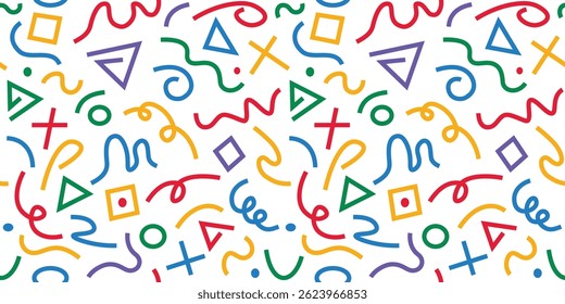 Playful doodle background filled with hand-drawn squiggles and minimalist abstract shapes. A colorful design for kids decor and print.