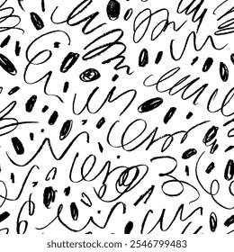 Playful doodle crayon lines seamless pattern. Hand drawn simple childish scribble background. Pencil drawn confetti texture with curls and dots. Vector simple strokes, squiggles and swirls.