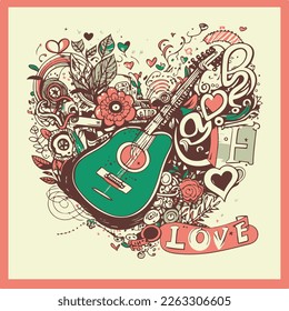 Playful doodle features a guitar adorned with colorful musical patterns, inviting viewers to jam out.