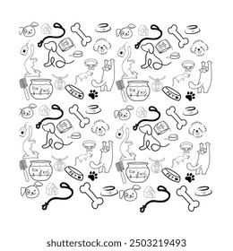 A playful doodle featuring cats and dogs captures the charm and whimsy of these beloved pets. Cats lounge and stretch, while dogs frolic and wag their tails, creating a heartwarming scene