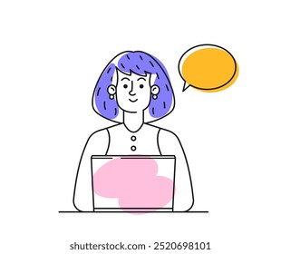 El Juguetón Personaje Femenino Doodle Se Compromete En La Comunicación Virtual Usando Una Computadora Portátil. Ilustración moderna de Vector