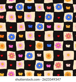 Patrón inconsútil floral juguetón de Doodle. Flores coloridas y follaje con lindos bocetos de líneas de ramas aisladas sobre fondo a cuadros. Perfecto para invitaciones, papel de regalo, tarjetas, carteles, vacaciones