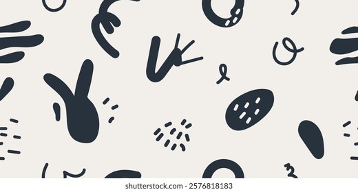 Playful and doodle pattern, minimalist art with trendy shapes with black color, seamless designs on textiles, clothing, gift wrapping, banners, home decor, abstract backgrounds. Vector illustration.