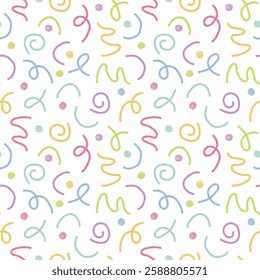 Playful Doodle Seamless Pattern with Abstract squiggles. Hand drawn Sketchy scribbles. Cute Fun Child drawings pencil crayon texture. Colorful Background for birthday Party decoration, packaging cover
