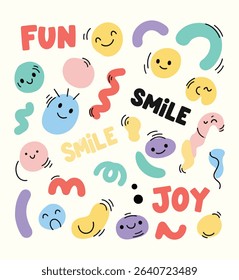 Playful Doodle Set of Happy Abstract Shapes with Fun,Smile, and Joy Text