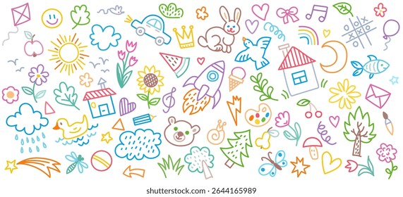 Playful doodle set for kids education, classroom materials and creative learning designs, Isolated