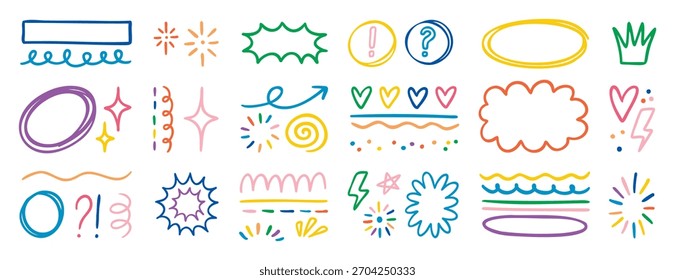 Conjunto de doodle juguetón con salpicaduras de exclamaciones y Elementos al azar, dibujado a mano. Ilustración vectorial.