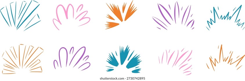 Spielerische Doodle-Sterne mit dynamischen Strahlen erzeugen skurrile Funkeln. Helle grafische Bursts, einfache Elemente verleihen kreativen Projekten mit Manga-inspiriertem Flair Energie. Vektorcomic-Twichtle-Feuerwerk-Effekt.