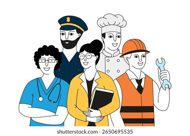 Playful doodle style illustration of diverse professionals  including a teacher, builder, police officer, doctor, and nurse celebrating Labor Day. 