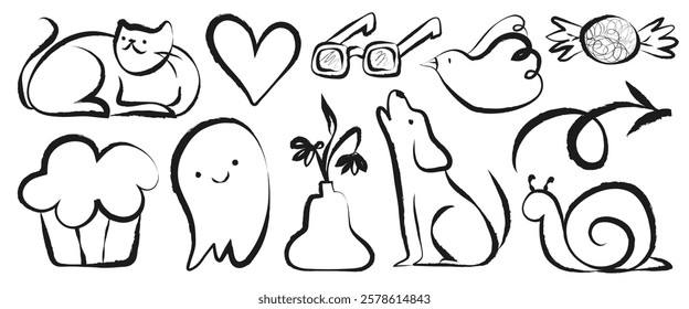 Playful doodles of animals, objects, and shapes. Includes a cat, dog, bird, snail, and ghost. Features glasses, candy, heart, and cupcake. Fun, whimsical doodles. Cute element vector set.