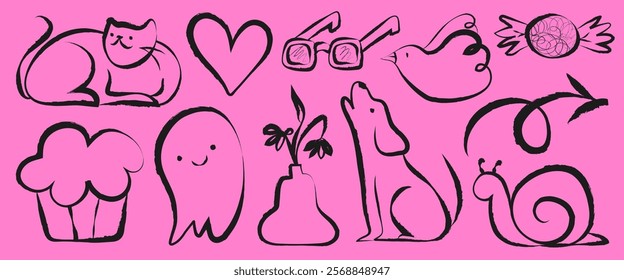 Playful doodles of a cat, heart, glasses, bird, candy, cupcake, ghost, plant, dog, and snail on a pink background. Fun and whimsical designs. Cute element vector set.