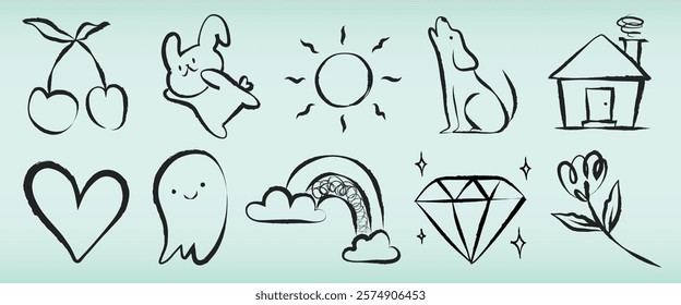 Playful doodles of cherries, a bunny, sun, dog, house, heart, ghost, rainbow, diamond, and flower. Simple, cute, and whimsical doodles on a light background. Isolated vector set.