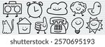 Playful doodles of objects like a radio, clock, cloud, sheep, duck, cat, house, thumbs up, phone, light bulb, and sun, all with smiling faces. Cute doodle icons vector set.
