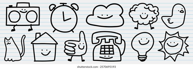 Playful doodles of objects like a radio, clock, cloud, sheep, duck, cat, house, thumbs up, phone, light bulb, and sun, all with smiling faces. Cute doodle icons vector set.