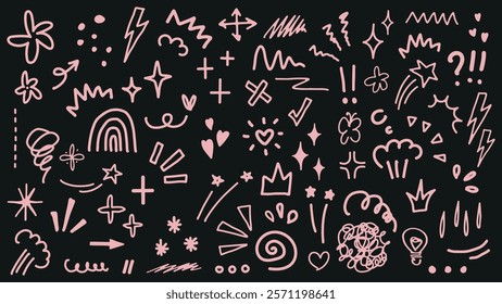 Playful doodles in pink on a dark background. Includes stars, hearts, arrows, and swirls. Fun and whimsical doodles for creative designs. Colorful doodle elements, vector set.