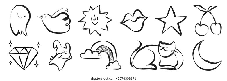 Playful doodles of stars, cats, and lips. Includes stars, cats, and cherries. Fun stars, cats, and lips in a whimsical style. Black and white doodles. Isolated vector set.