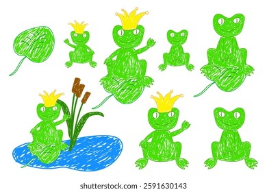 Playful doodle-style illustration of frogs, including a crowned frog prince, sitting on lily pads and pond with reed in a whimsical design.