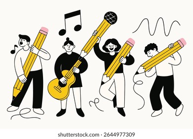 Playful doodle-style illustration of kids holding giant pencils while singing, dancing, and playing musical instruments. Great for music class materials, arts programs, or creative event posters.